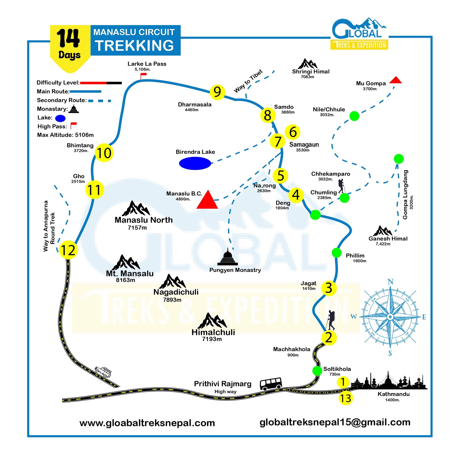 Map of Manaslu Circuit Via Larkya La Pass Trek